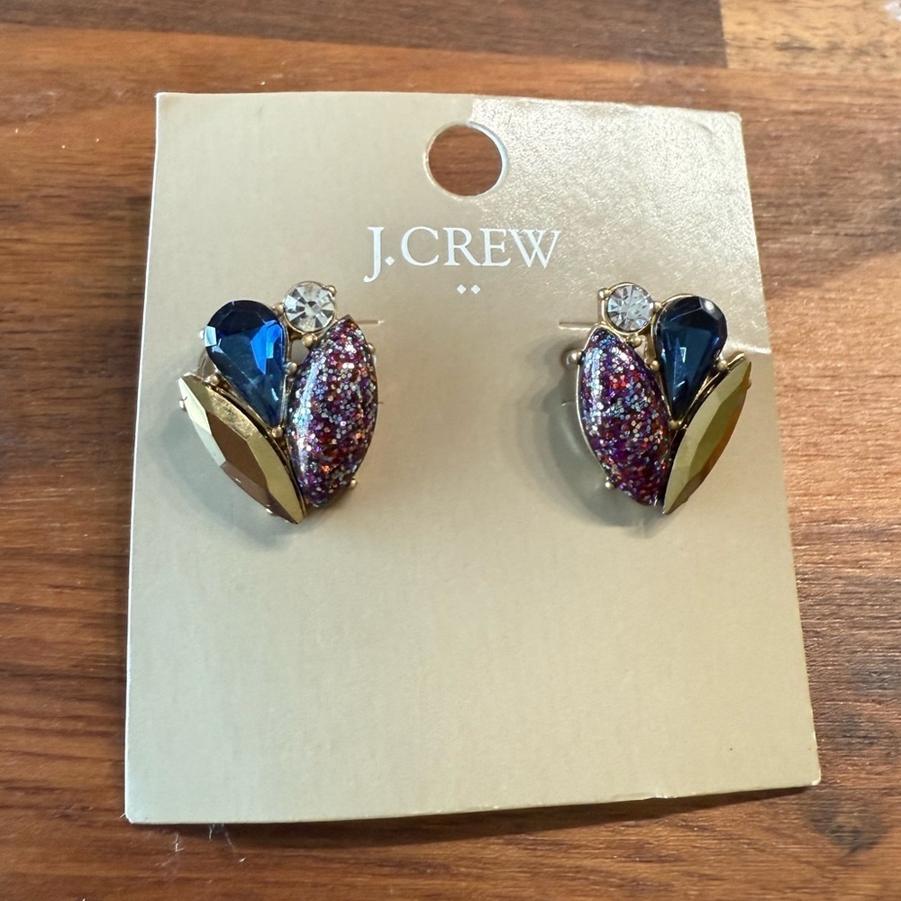 NWT J Crew Metallic Gold Tone Sparkle Cluster Crystal Stud Earrings Purple F9974